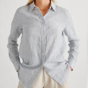Quince 100% European Linen Long Sleeve Blue Pinstripe Button-up XL